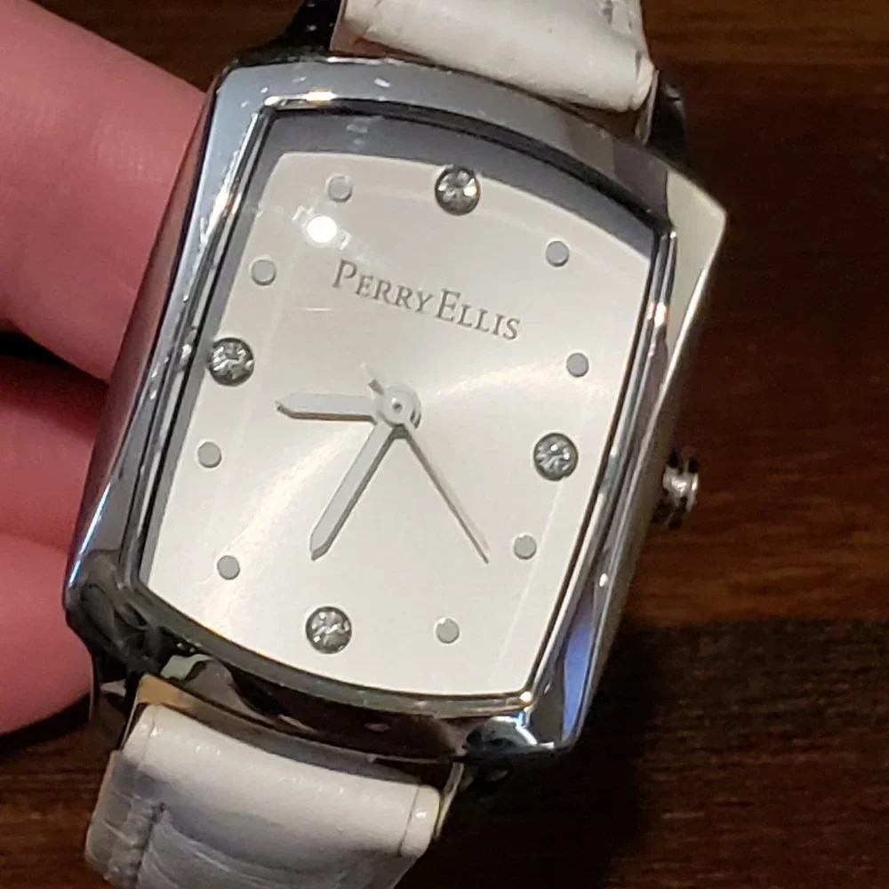 Perry Ellis White Leather Band Silver Rectangle Face Diamond Accent Wrist Watch